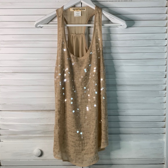 T15 Eyeshadow tan ecru with clear large sequins tank racer back with pleats sz M - Picture 12 of 12
